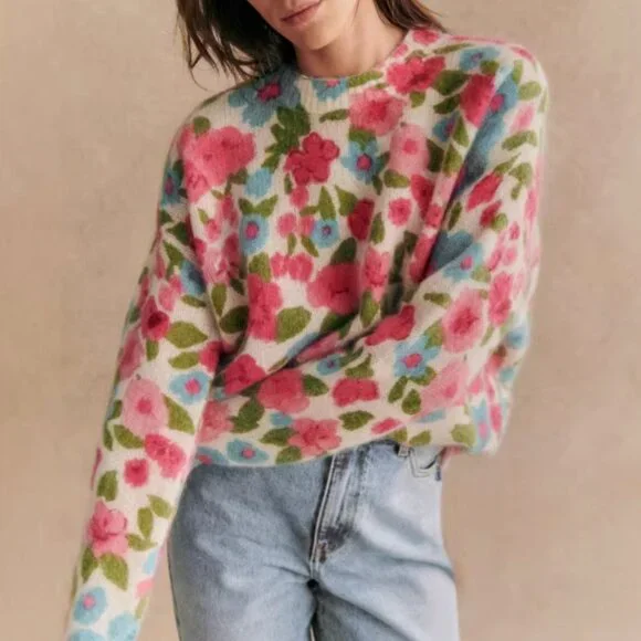 Sezane Janelia Jumper Sweater - Pink Flowers/ Turquoise Kid Mohair Knit French - Picture 3 of 11